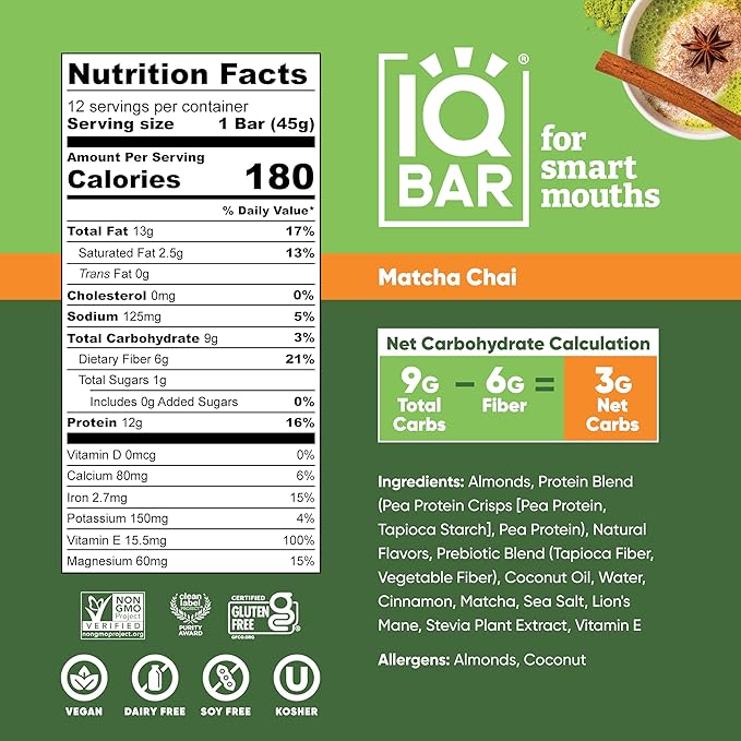 IQBAR Clean Plant Protein Bars - Matcha Chai - 36 Count - Keto, Vegan, High Fiber, Gluten and Dairy Free, Low Sugar Snack - Brain and Body Nutrients for Focus, Energy, Meal Replacement