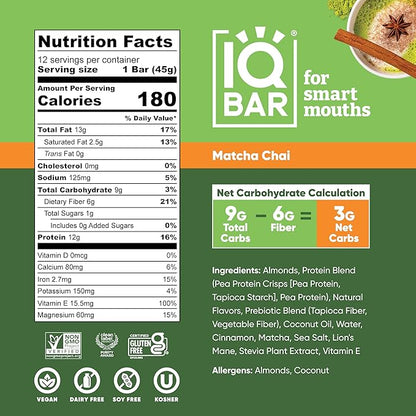 IQBAR Clean Plant Protein Bars - Matcha Chai - 36 Count - Keto, Vegan, High Fiber, Gluten and Dairy Free, Low Sugar Snack - Brain and Body Nutrients for Focus, Energy, Meal Replacement