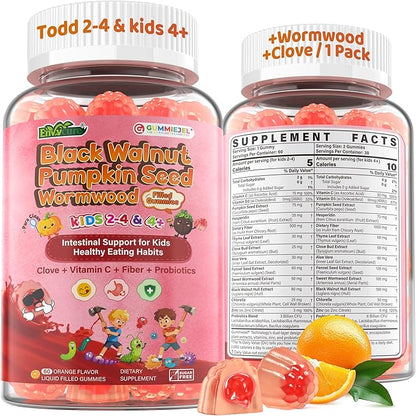 Toddler 2-4 & Kids 4+ Para Clean Gut Health Gummies w/Black Walnut, Wormwood, Clove, Pumpkin Seeds, Vitamin C, D3, Zinc, Digestive Supplement for Natural Gut Cleanse, Kids Immune Support (60cts)
