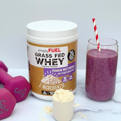 simplyFUEL 100% Grass-Fed Whey Protein Powder, Unflavored, Unsweetened, Zero Sugar or Carbs, Clean, Gluten-Free Protein, 20 g Protein per Serving, 1 lb