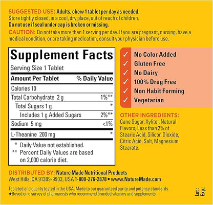 Nature Made Chewable L Theanine 200mg, L-Theanine Supplement for Stress Relief, 50 Chewable Tablets, 50 Day Supply