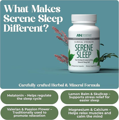 American Nutriceuticals - Serene Sleep Aid - with Melatonin & Magnesium - All Natural Sleep Aid for Adults -Long-Lasting - 60 Capsules -30 Day Supply