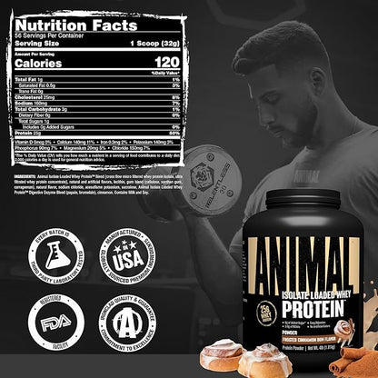 Animal Whey Isolate Protein Powder - Loaded for Pre & Post Workout Muscle Builder and Recovery with Digestive Enzymes for Men & Women - 25g Protein, Great Taste, Low Sugar - Frosted Cinnamon Bun 4 lbs