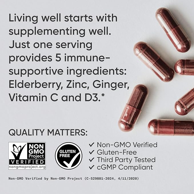 Sports Research® Elderberry Immune Support with Zinc, Ginger, Vitamin C & D3 - Vegan Friendly · Non-GMO · Gluten Free - 60 Veggie Capsules