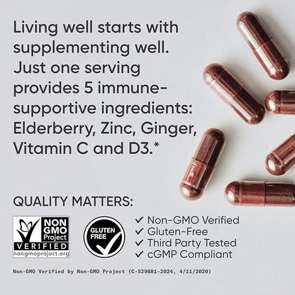 Sports Research® Elderberry Immune Support with Zinc, Ginger, Vitamin C & D3 - Vegan Friendly · Non-GMO · Gluten Free - 60 Veggie Capsules