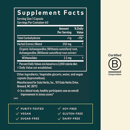 Gaia Herbs Ashwagandha Root - Stress Relief & Sleep Support Supplement - Supports Balanced Energy Levels & Positive Outlook* - 60 Vegan Liquid Phyto-Caps (30 Servings)