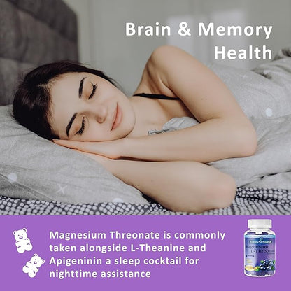 Magnesium L-Threonate Gummies w. Apigenin L-Theanine, Advanced 11-in-1 Magnesium Supplements w. Vitamin D3 K2 B6 for Sleep Cognitive Brain & Relax, High Absortption Magnesium Gummies for Adults & Kids
