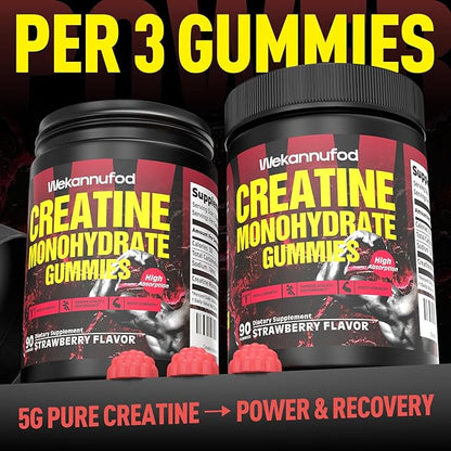 Wekannufod Creatine Monohydrate Gummies for Men & Women,5000MG Creatine Gummy Sugar Free. Boost Focus,Strength, and Endurance, Anti-Melting Formula, Vegan, Gluten-Free, Non-GMO,(Strawberry 90 ct)