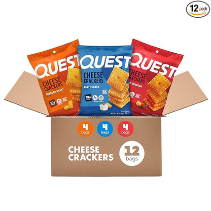 Quest Cheesy Protein Crackers Variety Pack, Zesty Ranch, Cheddar Blast, Spicy Cheddar, High Protein, Low Carb, 12 Count (4 each flavor)
