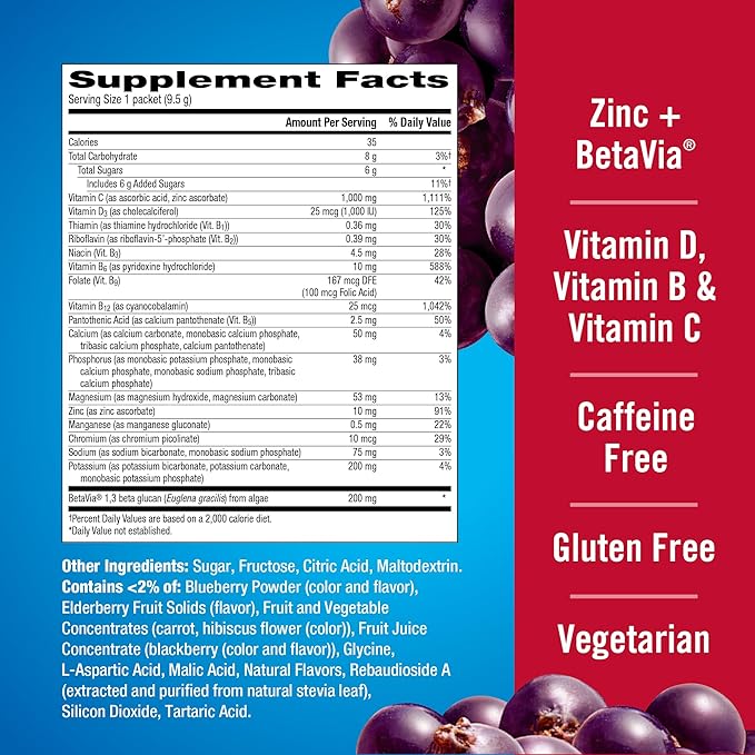 Emergen-C Immune+ Triple Action Immune Support Powder, BetaVia (R), 1000mg Vitamin C, B Vitamins, Vitamin D and Antioxidants, Elderberry – 18 Count