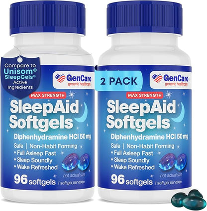 GenCare Maximum Strength Nighttime Sleep Aid Supplement for Adults Deep Sleep Pills with Diphenhydramine HCl 50mg to Fall Asleep Faster- Strong Non-Habit Forming PM Sleeping [96 Softgels] (Pack of 2)