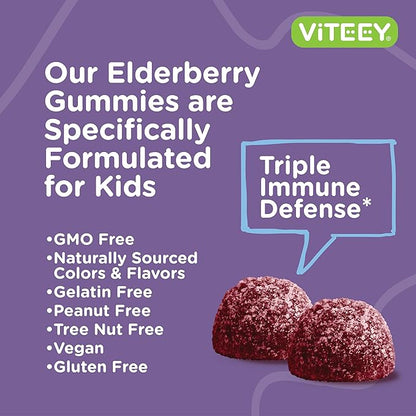 Viteey Sambucus Elderberry Gummies for Kids Immune Support Supplements with Zinc & Vitamin C 3-1 Immune Booster - Vegetarian, Gelatin Free, Gluten Free, GMO Free - Tasty Chewable Berry Flavored