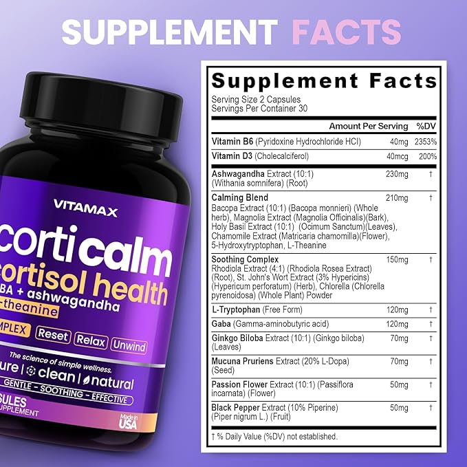 Cortisol Supplements for Women and Men - L-Theanine, Ashwagandha, GABA - High Cortisol Manager Reducer - Relaxation, Mood & Stress Support - Ginkgo Biloba, Bacopa Monnieri, 5-HTP - Made in USA