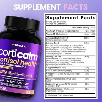 Cortisol Supplements for Women and Men - L-Theanine, Ashwagandha, GABA - High Cortisol Manager Reducer - Relaxation, Mood & Stress Support - Ginkgo Biloba, Bacopa Monnieri, 5-HTP - Made in USA