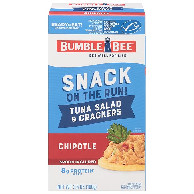 Bumble Bee Snack On The Run! Protein Snack Pack - 8g Protein per Box - Chipotle Tuna Salad with Crackers Kit - Ready to Eat Easy-Open Can - Wild Caught MSC-Certified Tuna (Pack of 1)