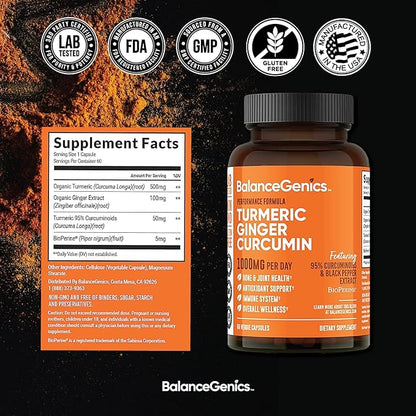 Turmeric Curcumin Supplement with Black Pepper & Ginger Root 1000mg | Optimized Formula 95% Curcuminoids Curcuma | Joint Health & Inflammation Support | 60 Capsules Powder Filled
