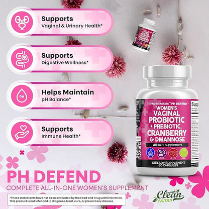 Clean Nutraceuticals Vaginal Probiotics for Women + Prebiotics 20 Billion Cranberry Pills w D-Mannose 500 mg for Urinary Tract Health pH Balance - for Vaginal Health Supplements Pills - 2Pack
