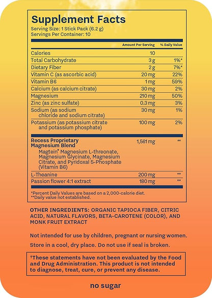 Recess Mood Powder, Magnesium L-Threonate Blend with Passion Flower, L-Theanine, Electrolytes, Magnesium Calm Support Powder Supplement - Lemon Citrus Pack of 10