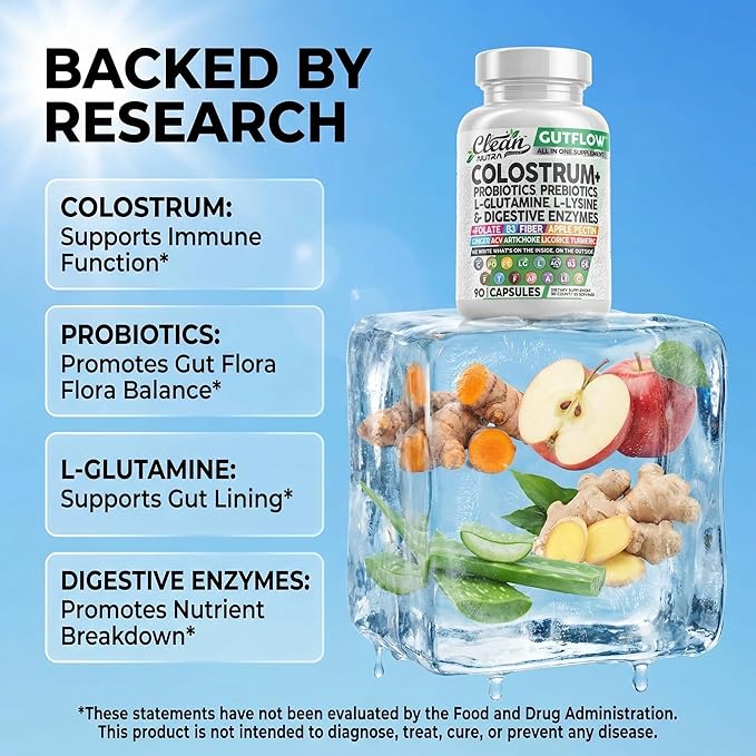 Clean Nutraceuticals Colostrum Supplement Capsules Probiotics Pills Prebiotics, L-Glutamine, Digestive Enzymes, Folate, Fiber, ACV, Turmeric, Apple Pectin and Turmeric Pills
