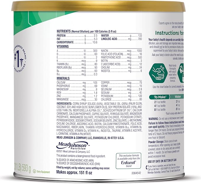 Enfamil Prosobee Plant based Baby Formula, for Sensitive Tummies, Soy-based Plant Sourced Protein, Vitamins for Immune Support, Lactose-free, Milk free, Gluten free, 20.9 Oz Can