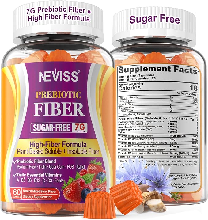 1Pack Fiber Gummies for Adults with Psyllium Husk, 7G(Soluble + Insoluble) Daily Prebiotic Fiber with Inulin, FOS, Guar Gum, Multivitamins for Daily Digestive Health, Regularity Gut Support,Sugar Free