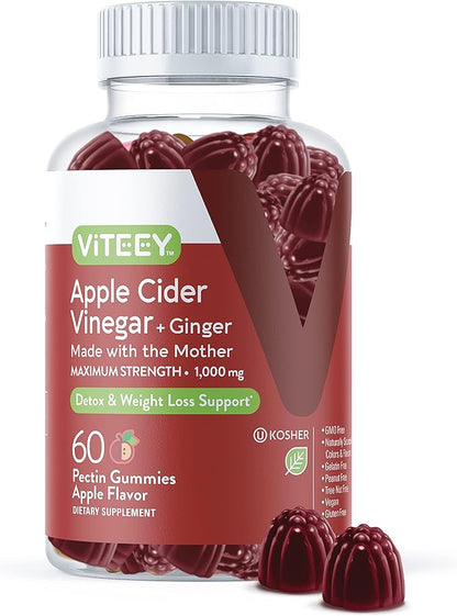 Viteey Apple Cider Vinegar Gummies and Ginger – 1000 mg ACV Gummies for Weight Loss, Detox and Digestion – Vegan, Gluten-Free – 60 Count