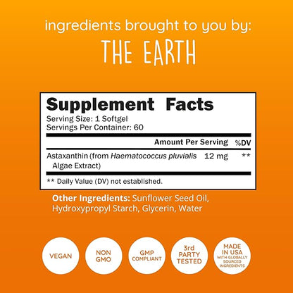 Astaxanthin Supplement 12mg | Plant-Based Antioxidant for Skin Hydration, Elasticity & Radiant Glow | From Algae Extract | Non-GMO, Vegan, Made in USA | 2 Month Supply, 60 Softgels
