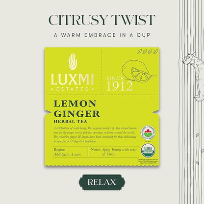 Luxmi Estates Lemon Ginger Root | Certified Organic Herbal Tea | Citrus Flavor & Aroma | Lemon Peel, Ginger, Lemongrass, Licorice | 50g/1.76oz