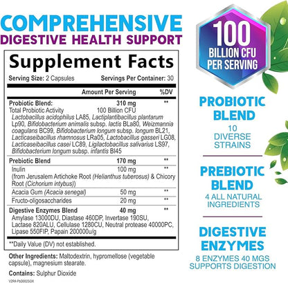 Probiotics 100 Billion CFU Per Serving - 10 Probiotic Strains & Prebiotics - Digestive Gut Health, Immune Support & Occasional Constipation, Gas & Bloating - Daily Supplement For Adults - 60 Capsules