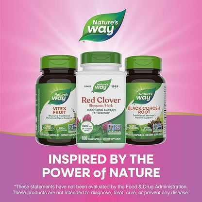 Nature's Way Red Clover Blossom Herb, Traditional Health Support for Women*, 800 mg per 2-Capsule Serving, Non-GMO Project Verified, Red Clover Supplement, 100 Vegan Capsules (Packaging May Vary)