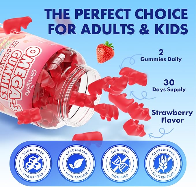 Vegan Omega 3 Gummies 1000mg + CoQ10 + Magnesium - w/Algae EPA 600mg & DHA 400mg, Fish Oil Omega-3 Supplements Alternative for Adults, for Brain, Eye, Immune Health, Strawberry Flavor, 60 Count
