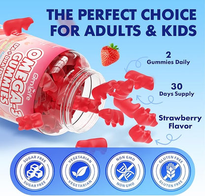 Vegan Omega 3 Gummies 1000mg + CoQ10 + Magnesium - w/Algae EPA 600mg & DHA 400mg, Fish Oil Omega-3 Supplements Alternative for Adults, for Brain, Eye, Immune Health, Strawberry Flavor, 60 Count