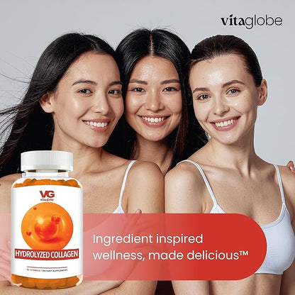 VITA GLOBE Collagen Gummies – 200mg Hydrolyzed Collagen Types I, II, III, V & X | Supports Hair, Skin, Nails, Joints & Bones | Non-GMO Daily Collagen Supplement for Adults – 120 Gummies (Pack of 2)