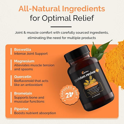 UpWellness Golden Revive + Joint Support Supplement Featuring Turmeric with Black Pepper, Quercetin, and Magnesium- Turmeric Boswellia Supplement - 6 Active Ingredients for Joint Care - 60 Capsules