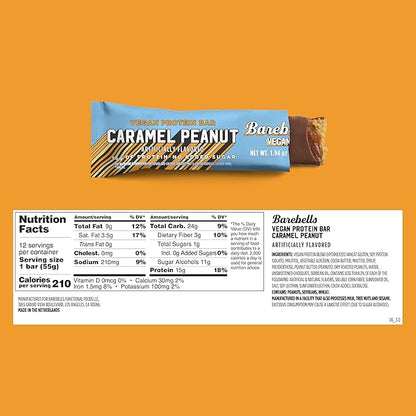 Barebells Vegan Protein Bars Peanut Caramel, Plant Based with High Protein - Chocolate Protein Bars - Perfect on The Go Protein Snack & Breakfast Bars 24 Count (Pack of 1)