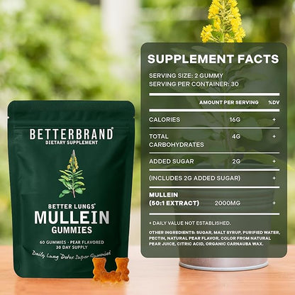 Betterbrand Mullein Chewable Gummies for Lung Cleanse and Detox, Respiratory Health Supplement, 1000mg Mullein Extract per Serving, 180 Gummies - 90 Day Supply - Pear Flavored