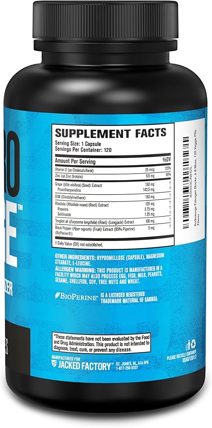 Jacked Factory Androsurge Estrogen Blocker for Men - Natural Vitality Booster for Men & Estrogen Metabolizer with Tongkat Ali, DIM, Rhodiola & More - 120 Count