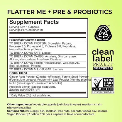 HUM Flatter Me Digestive Enzymes Plus Prebiotics & Probiotics, Digestive Health Bloating Supplement for Women & Men, Fast Acting Anti Bloat Pills Multi Enzyme for Debloating, Vegan, 60 Capsules