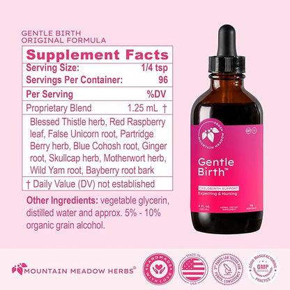 Mountain Meadow Herbs Gentle Birth for Birth Prep/Labor Prep, Fast Acting Liquid Herbal Extract for Childbirth Support - 4oz
