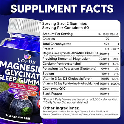 Lofux Magnesium Glycinate Gummies 400mg, Sugar Free Magnesium Gummies for Adults Women, Men, Chewable Supplement Gummy with L-Threonate, Vitamin D, B6, CoQ10 - for Calm, Sleep, Body Relaxation, 60 Ct