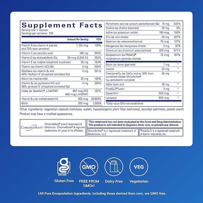 Pure Encapsulations O.N.E. Multivitamin - Once Daily Multivitamin with Antioxidant Complex Metafolin, CoQ10, and Lutein to Support Vision, Cognitive Function, and Cellular Health* - 120 Capsules