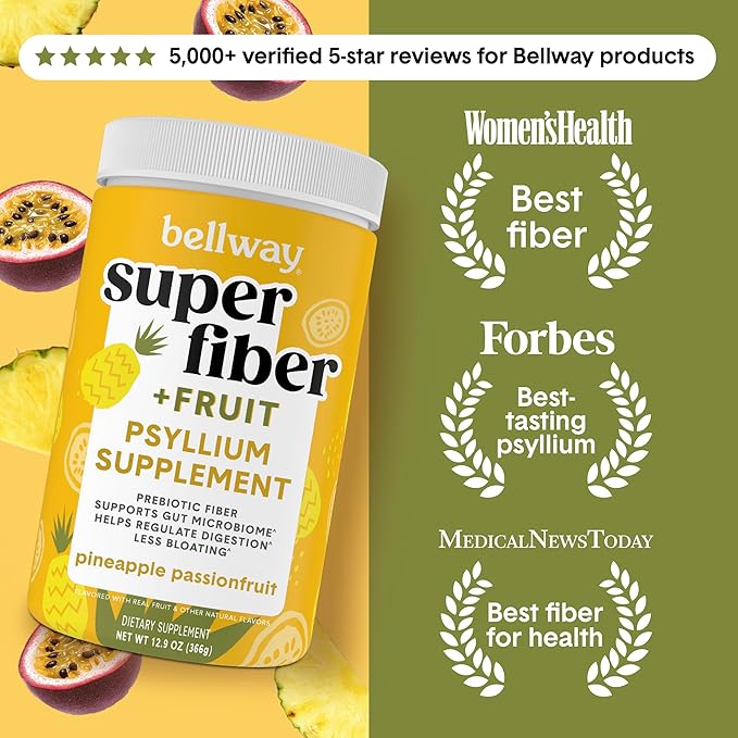 Bellway Super Fiber Powder + Fruit, Sugar Free Organic Psyllium Husk Powder Fiber Supplement for Regularity, Bloating Relief & Digestive Health, Plant-Based, Pineapple Passion Fruit (50 Servings)