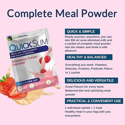 Quick Slim Meal Replacement Shake for Weight Loss, 30 Servings, Complete Meal Replacement Powder, Low Carb Diet Shakes for Women & Men, 20g Protein, 27 Vit & Min, Fiber, Gluten Free (Strawberry Cream)