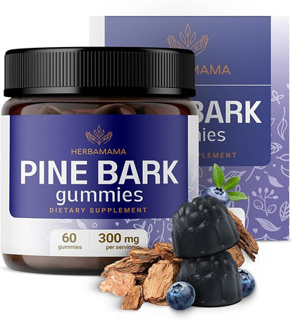 HERBAMAMA Pine Bark Extract Gummies - 300mg French Maritime Pine Bark Tree for Antioxidant Support - Vegan, Non-GMO Pinus Pinaster Supplement - 60 Pectin-Based Blueberry-Flavored Chews
