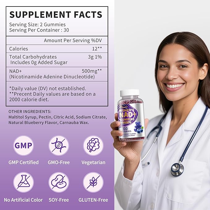 （3 Pack） NAD Gummies Supplements for Women, Pure 500mg NAD - Cell Regeneration, Energy & Metabolism Support, Vegan,Sugar Free, Additives Free, Blueberry Flavor