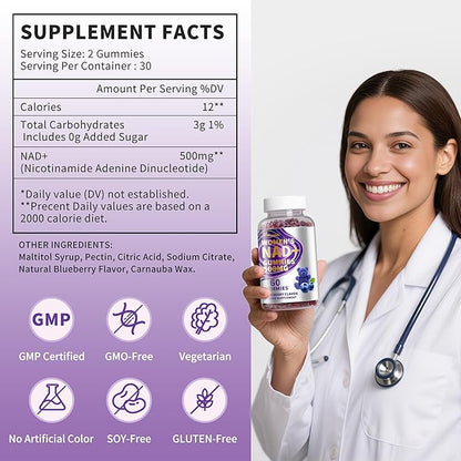 （3 Pack） NAD Gummies Supplements for Women, Pure 500mg NAD - Cell Regeneration, Energy & Metabolism Support, Vegan,Sugar Free, Additives Free, Blueberry Flavor