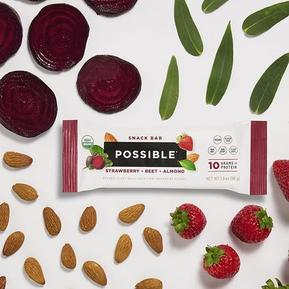 POSSIBLE Snack Bar - Whole Food Snack to Support a Healthy & Active Lifestyle - 10g of Organic Plant-Based Protein - Energy Support with Healthy Fats - Strawberry Beet Almond, 12 Count (Pack of 1)