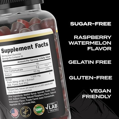 30,000 MG Pure Organic Shilajit Gummies for Men & Women, Sugar-Free Supplement with 85+ Trace Minerals & Fulvic Acid, Supports Energy, Immunity, Cognitive Performance & Mood, 60 Gummies Pack of 1