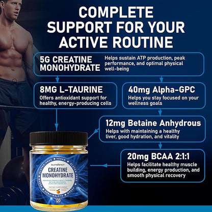 NutraPep Creatine Monohydrate Gummies 5g for Men Women - with L-Taurine Betaine Anhydrous Alpha-GPC BCAA 2:1:1 - Sugar-Free Gluten Free Chewable Creatine Supplement Bites