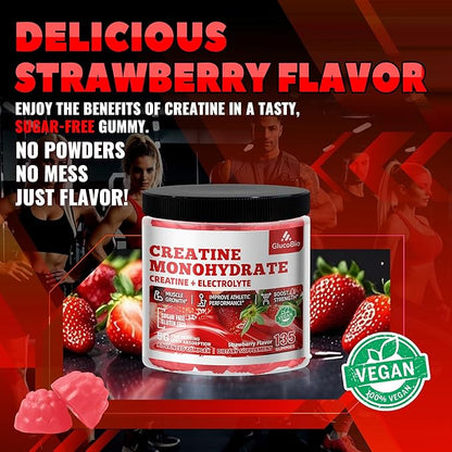 Creatine Monohydrate Gummies (5g) – Pre-Workout Energy & Muscle Growth Support for Men & Women | Strawberry Electrolyte Gummies (135 Count)